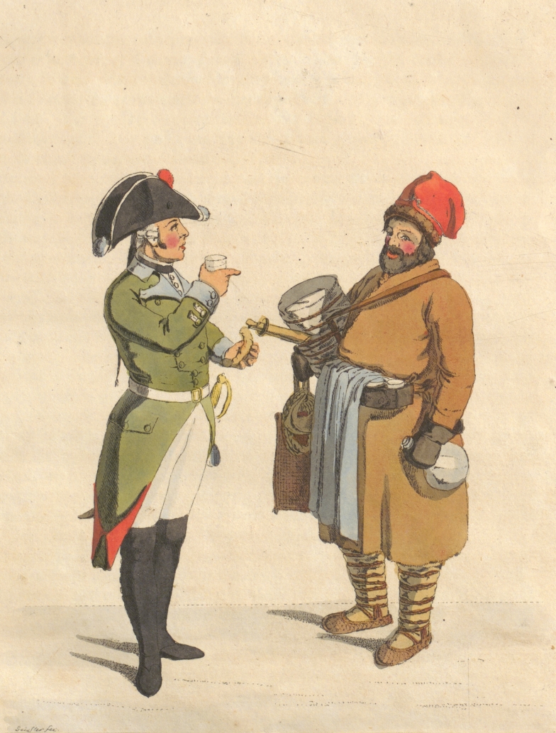 Ein westlich gekleideter russischer Offizier diskutiert mit einem traditionell gekleideten Kvasverkäufer
